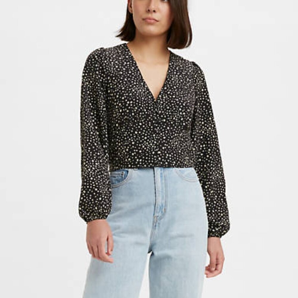 Levi's Women's Size XL Sophia Puff Sleeve Black Cream Ditsy Floral V-Neck Top